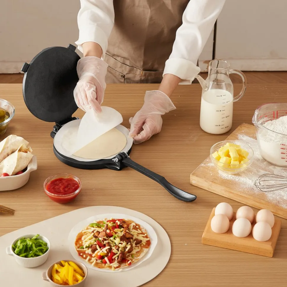 VEVOR Tortilla Press, 10 Inch Cast Iron Tortilla and Roti Maker, Heavy Duty Tortilladora Press, Pataconera Makers with Handle and 100 Pcs Parchment Paper, Dough Taco Press for Flour Tortilla, Tawa