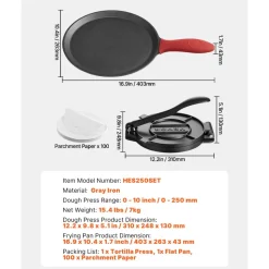 VEVOR Tortilla Press, 10 Inch Cast Iron Tortilla and Roti Maker, Heavy Duty Tortilladora Press, Pataconera Makers with Handle and 100 Pcs Parchment Paper, Dough Taco Press for Flour Tortilla, Tawa