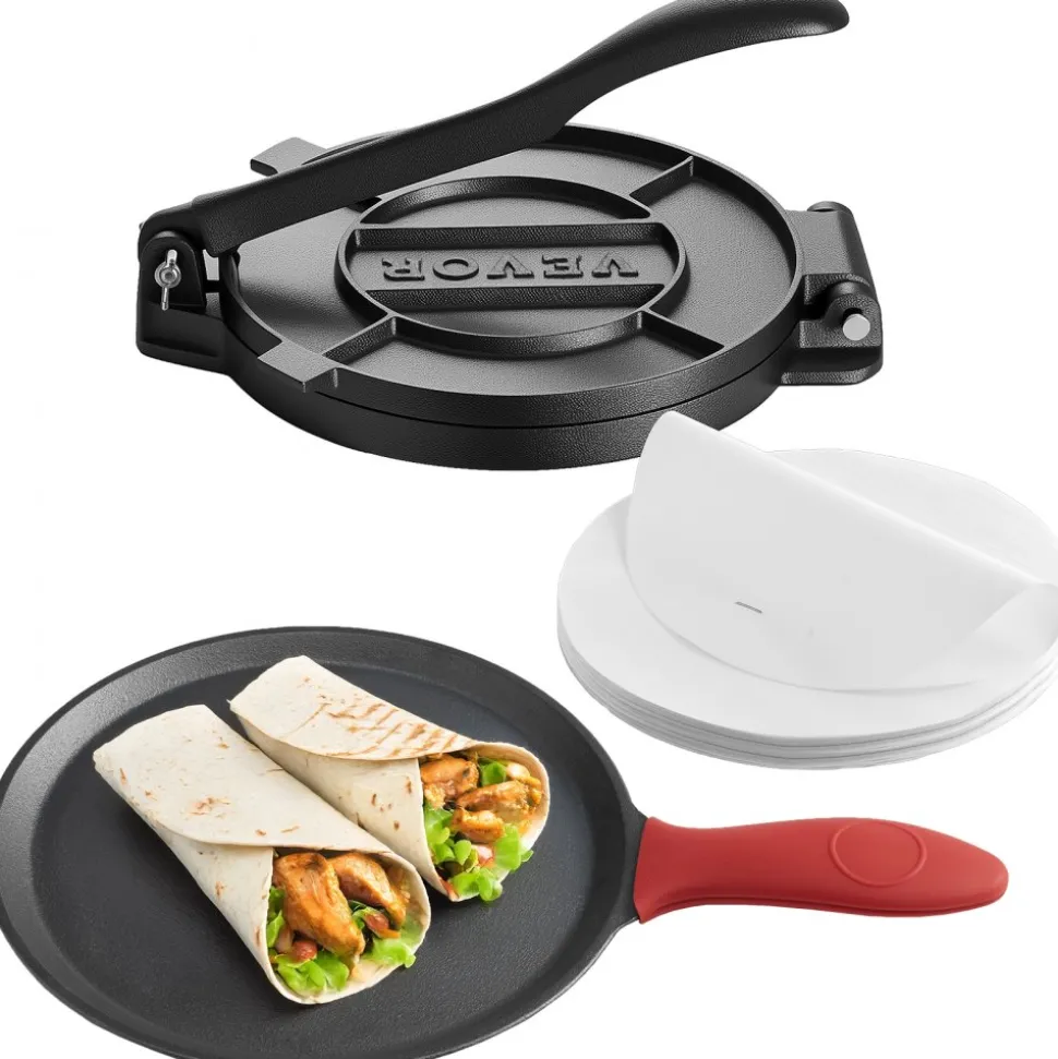 VEVOR Tortilla Press, 8 Inch Cast Iron Tortilla and Roti Maker, Heavy Duty Tortilladora Press, Pataconera Makers with Handle and 100 Pcs Parchment Paper, Dough Taco Press for Flour Tortilla, Tawa