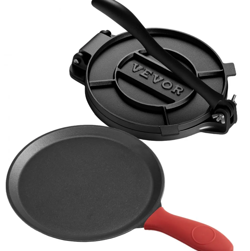 VEVOR Tortilla Press, 8 Inch Cast Iron Tortilla and Roti Maker, Heavy Duty Tortilladora Press, Pataconera Makers with Handle and 100 Pcs Parchment Paper, Dough Taco Press for Flour Tortilla, Tawa