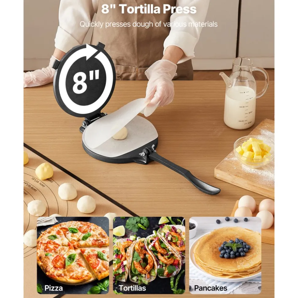VEVOR Tortilla Press, 8 Inch Cast Iron Tortilla and Roti Maker, Heavy Duty Tortilladora Press, Pataconera Makers with Handle and 100 Pcs Parchment Paper, Dough Taco Press for Flour Tortilla, Tawa
