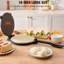 VEVOR Tortilla Press, 10 Inch Tortilla and Roti Maker, Cast Iron Heavy Duty Tortilladora Press, Pre-Seasoned Pataconera Maker with 100 Pcs Parchment Paper, Dough Maker for Flour Tortilla, Tawa, Silver