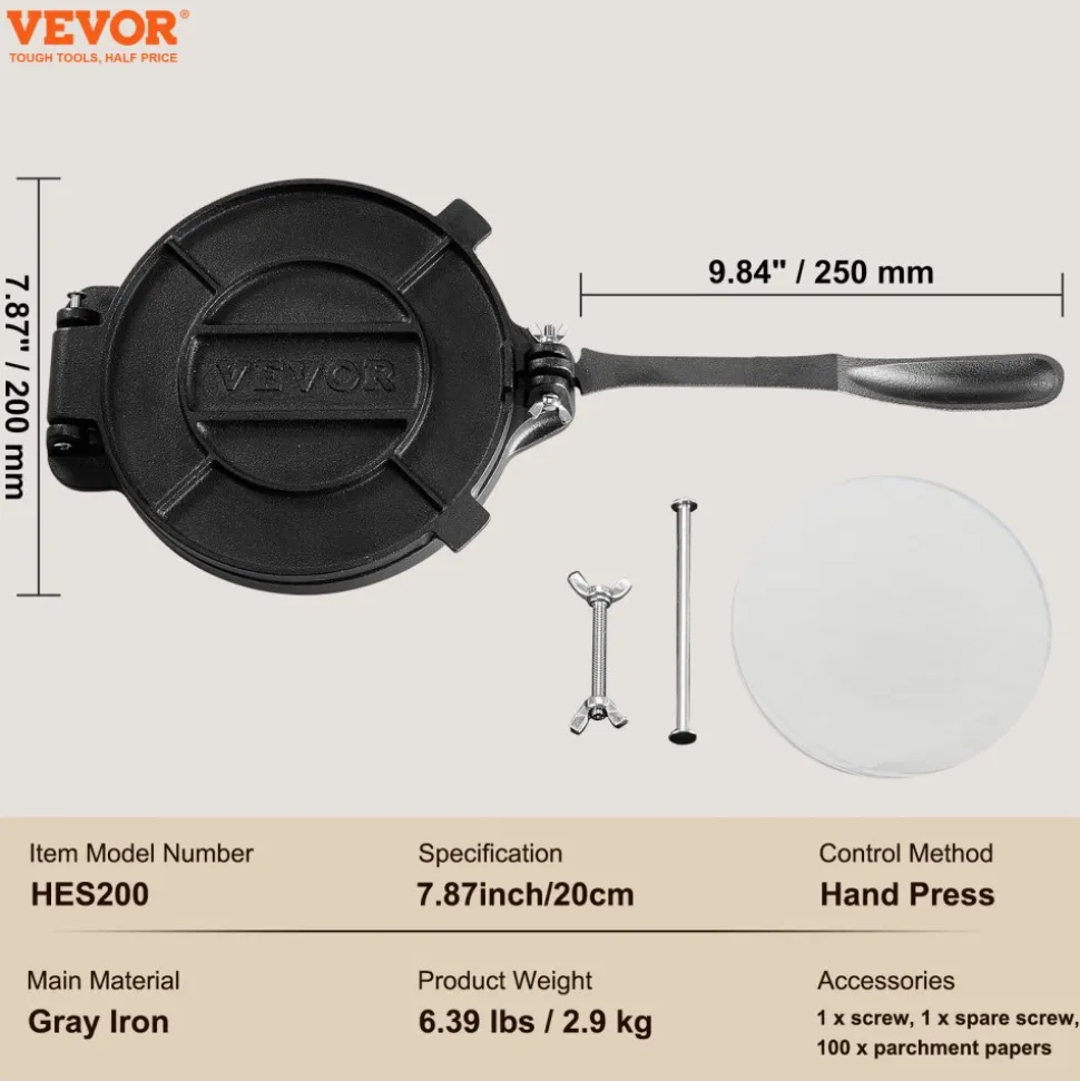 VEVOR Tortilla Press, 8 Inch Tortilla and Roti Maker, Cast Iron Heavy Duty Tortilladora Press, Pre-Seasoned Pataconera Maker with 100 Pcs Parchment Paper, Dough Maker for Flour Tortilla, Tawa, Silver
