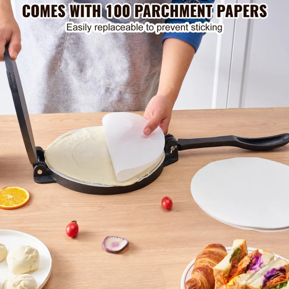 VEVOR Tortilla Press, 8 Inch Tortilla and Roti Maker, Cast Iron Heavy Duty Tortilladora Press, Pre-Seasoned Pataconera Maker with 100 Pcs Parchment Paper, Dough Maker for Flour Tortilla, Tawa, Silver