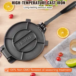 VEVOR Tortilla Press, 8 Inch Tortilla and Roti Maker, Cast Iron Heavy Duty Tortilladora Press, Pre-Seasoned Pataconera Maker with 100 Pcs Parchment Paper, Dough Maker for Flour Tortilla, Tawa, Silver