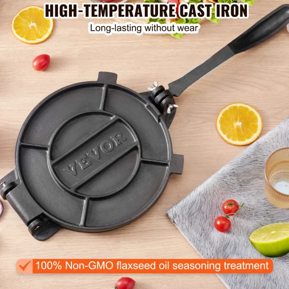 VEVOR Tortilla Press, 8 Inch Tortilla and Roti Maker, Cast Iron Heavy Duty Tortilladora Press, Pre-Seasoned Pataconera Maker with 100 Pcs Parchment Paper, Dough Maker for Flour Tortilla, Tawa, Silver
