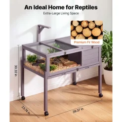 VEVOR Tortoise Habitat 2-Room Wooden Tortoise House with Swivel Casters, for Small Animals Indoor Outdoor, Pull-Out Tray, Lamp Stand, Turtle Enclosure Reptile Cage with Openable Roof, Viewing Window