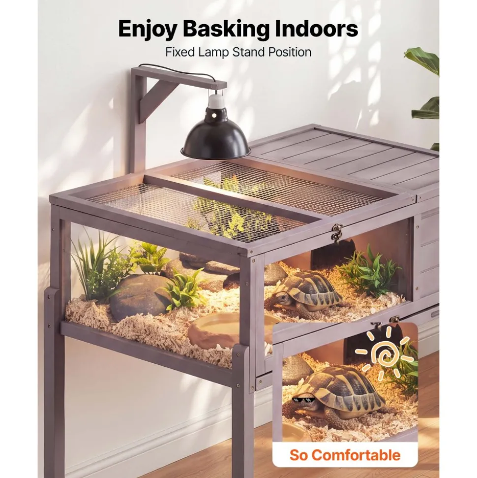 VEVOR Tortoise Habitat 2-Room Wooden Tortoise House with Swivel Casters, for Small Animals Indoor Outdoor, Pull-Out Tray, Lamp Stand, Turtle Enclosure Reptile Cage with Openable Roof, Viewing Window