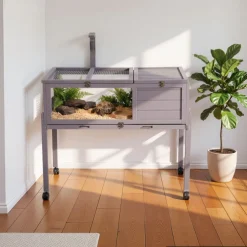 VEVOR Tortoise Habitat 2-Room Wooden Tortoise House with Swivel Casters, for Small Animals Indoor Outdoor, Pull-Out Tray, Lamp Stand, Turtle Enclosure Reptile Cage with Openable Roof, Viewing Window