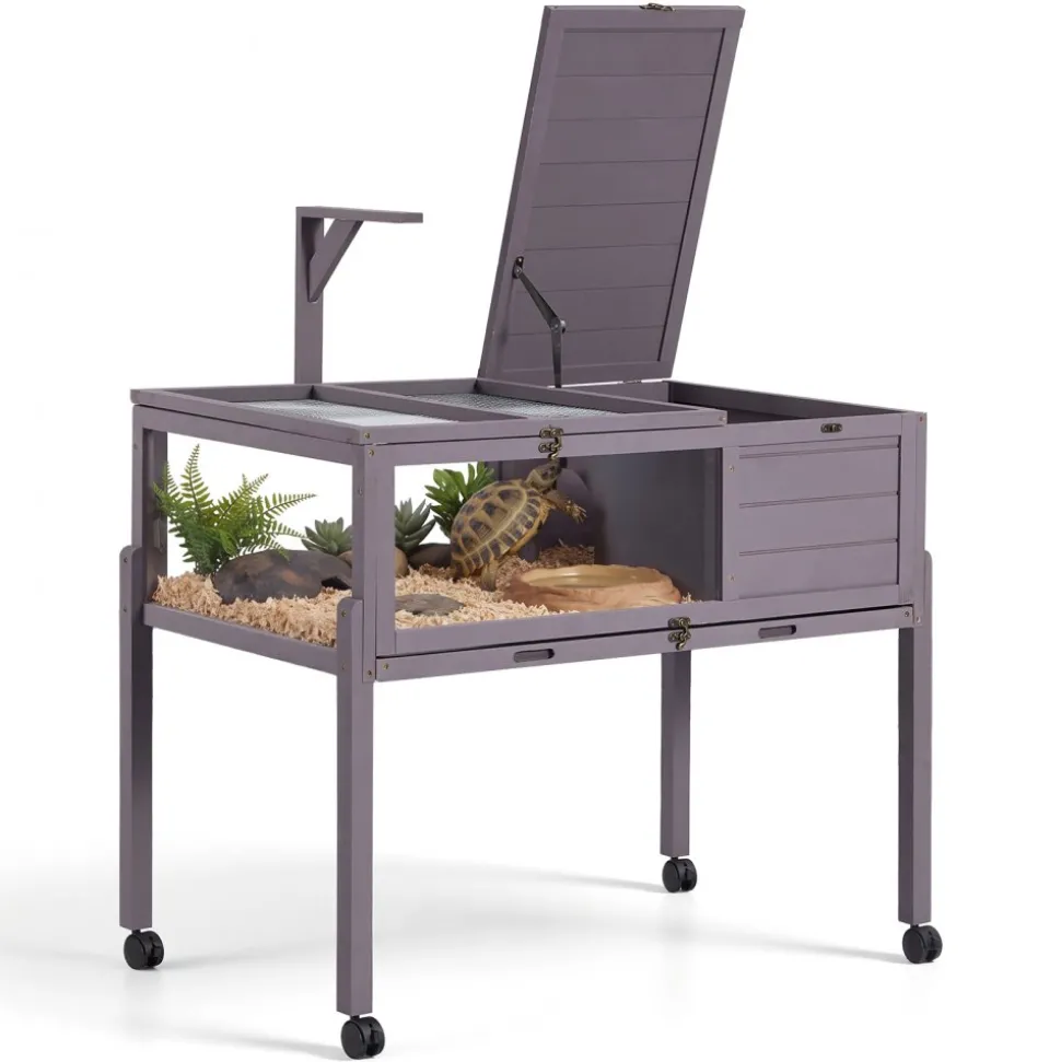 VEVOR Tortoise Habitat 2-Room Wooden Tortoise House with Swivel Casters, for Small Animals Indoor Outdoor, Pull-Out Tray, Lamp Stand, Turtle Enclosure Reptile Cage with Openable Roof, Viewing Window