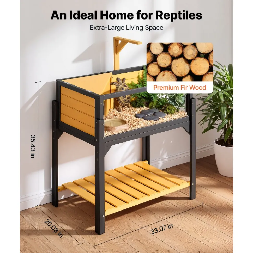 VEVOR Tortoise Habitat 2-Room Wooden Tortoise House Built-in Lamp Stand, for Small Animals Indoor Outdoor, Storage Shelf, Large Turtle Enclosure Reptile Cage with Openable Roof & Viewing Window
