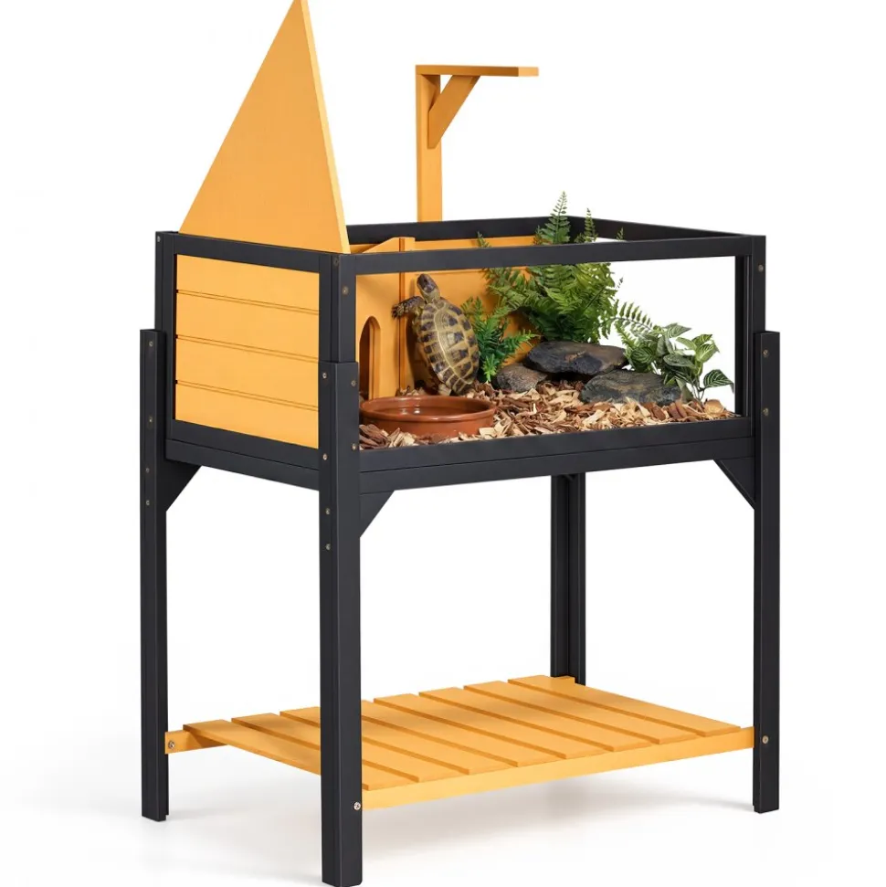 VEVOR Tortoise Habitat 2-Room Wooden Tortoise House Built-in Lamp Stand, for Small Animals Indoor Outdoor, Storage Shelf, Large Turtle Enclosure Reptile Cage with Openable Roof & Viewing Window