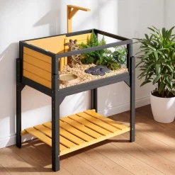 VEVOR Tortoise Habitat 2-Room Wooden Tortoise House Built-in Lamp Stand, for Small Animals Indoor Outdoor, Storage Shelf, Large Turtle Enclosure Reptile Cage with Openable Roof & Viewing Window