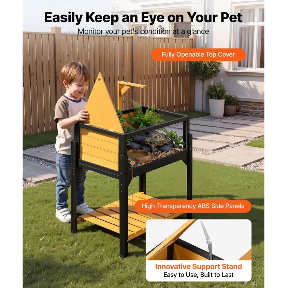 VEVOR Tortoise Habitat 2-Room Wooden Tortoise House Built-in Lamp Stand, for Small Animals Indoor Outdoor, Storage Shelf, Large Turtle Enclosure Reptile Cage with Openable Roof & Viewing Window