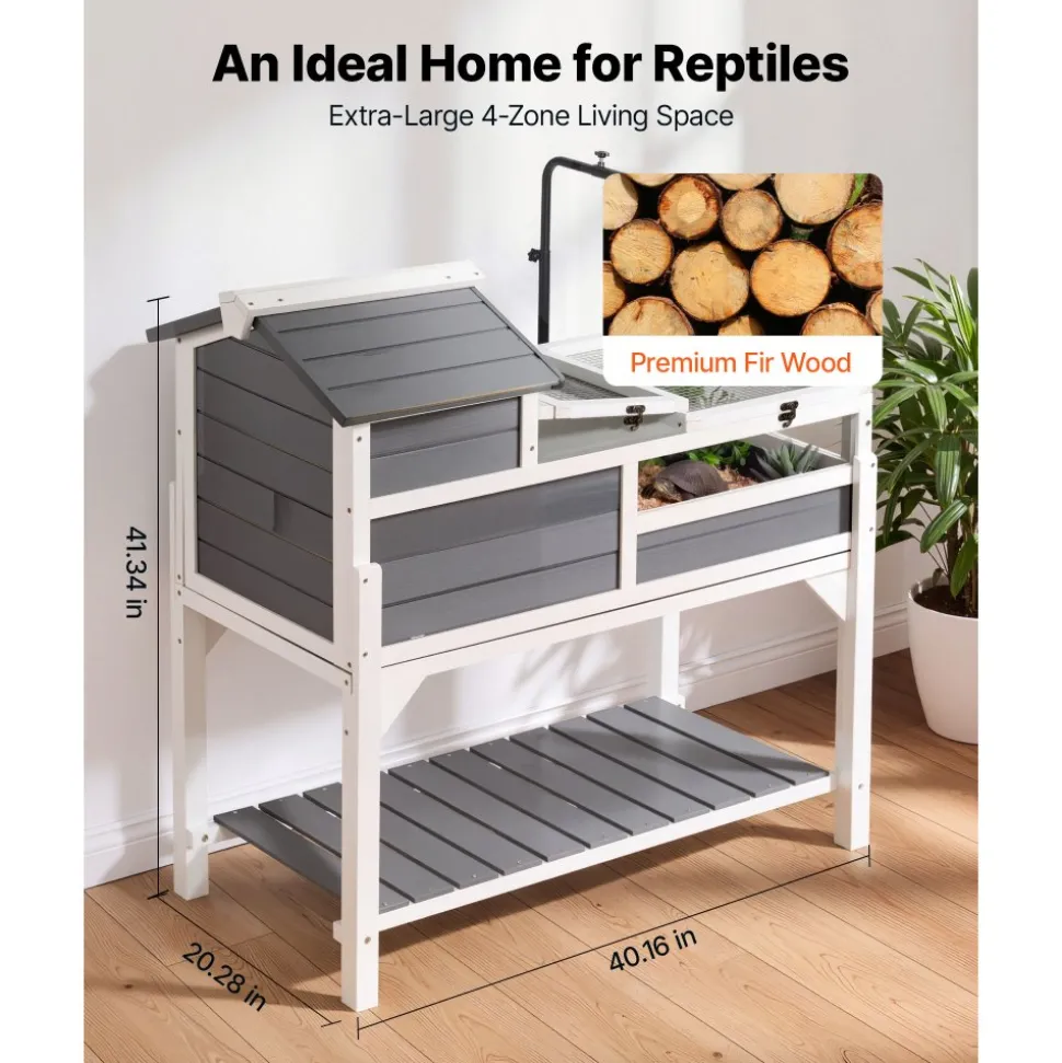 VEVOR Tortoise Habitat 4-Room Wooden Tortoise House Adjustable Lamp Stand, for Small Animals Indoor Outdoor, 2 Stories & Ramp, Large Turtle Enclosure Reptile Cage with Storage Shelf, Openable Roof
