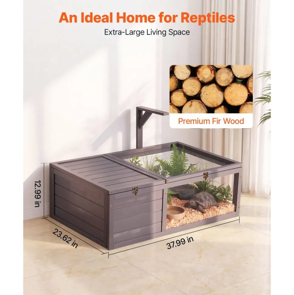 VEVOR Tortoise Habitat 2-Room Wooden Tortoise House with Pull-Out Tray, for Small Animals Indoor Outdoor, Lamp Stand, Large Turtle Enclosure Reptile Cage with Openable Roof, Acrylic Viewing Window