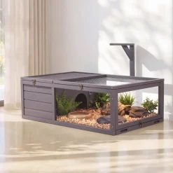 VEVOR Tortoise Habitat 2-Room Wooden Tortoise House with Pull-Out Tray, for Small Animals Indoor Outdoor, Lamp Stand, Large Turtle Enclosure Reptile Cage with Openable Roof, Acrylic Viewing Window