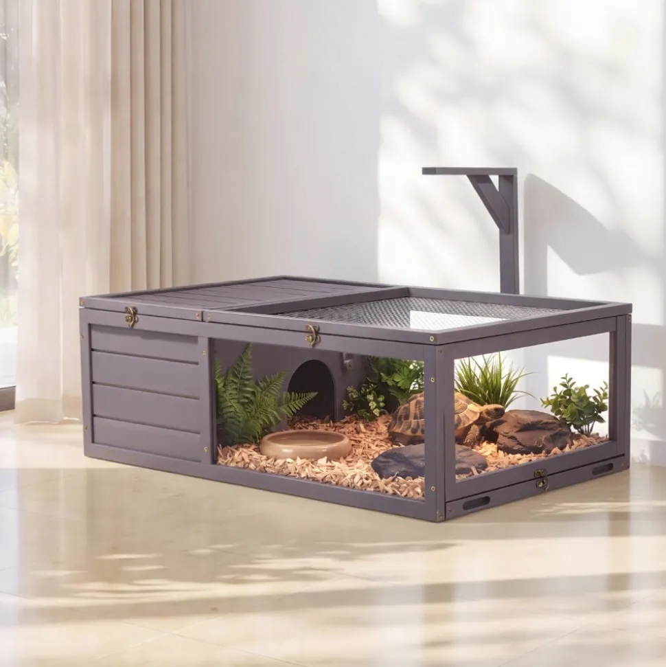 VEVOR Tortoise Habitat 2-Room Wooden Tortoise House with Pull-Out Tray, for Small Animals Indoor Outdoor, Lamp Stand, Large Turtle Enclosure Reptile Cage with Openable Roof, Acrylic Viewing Window