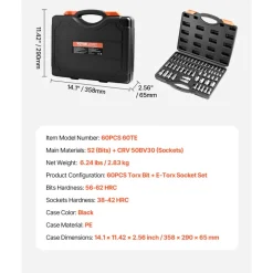 VEVOR Torx Bit Socket and External Torx Socket Set, 60-Piece T6-T70, TT6-TT70, TP8-TP60, E4-E24, S2 Alloy Steel and Cr-V Steel, 1/4 in, 3/8 in, and 1/2 in Drives, with Enhanced Storage Case, Hand Use