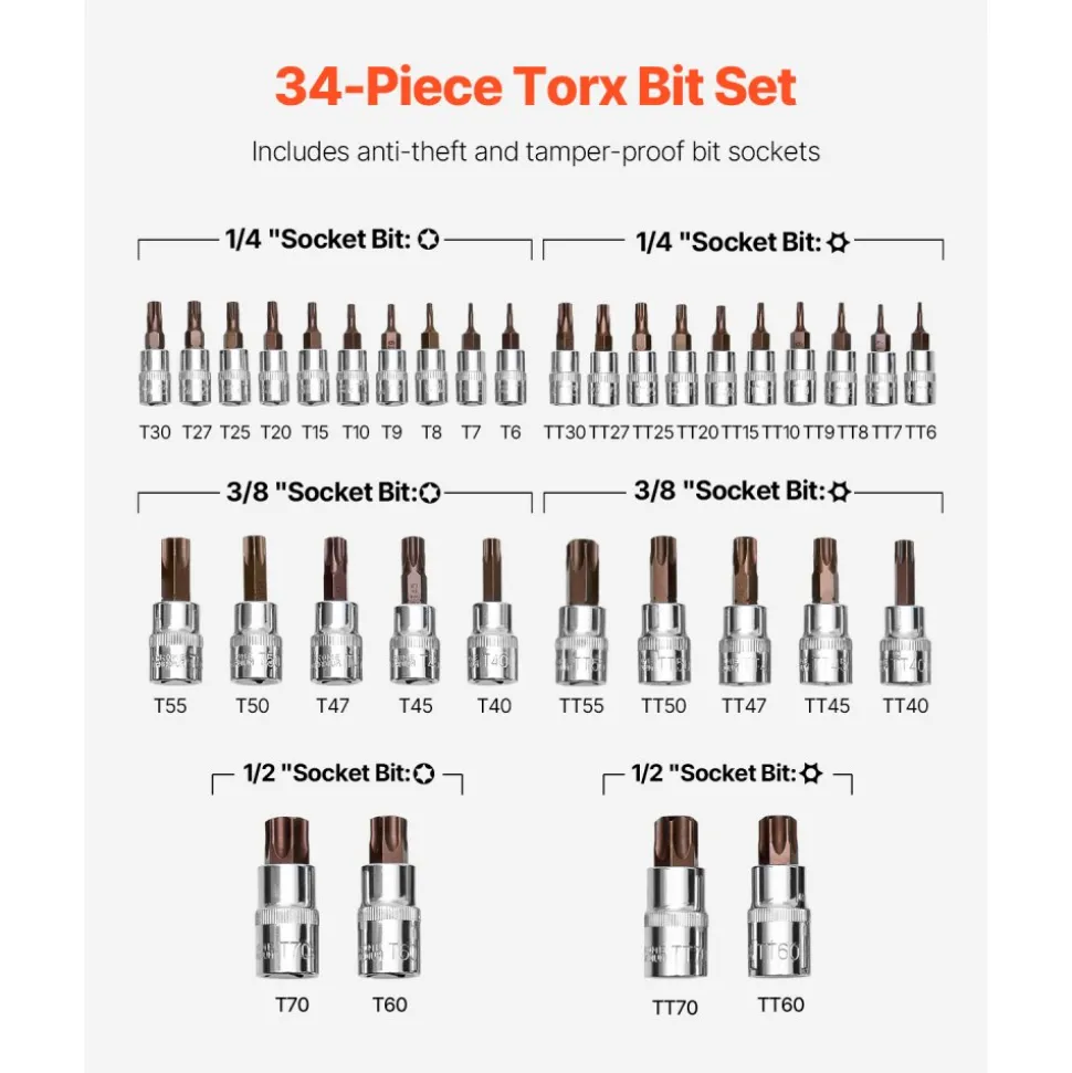VEVOR Torx Bit Socket Set, 34-Piece Solid Star and Tamper Proof T6-T70, S2 Alloy Steel and Cr-V Steel, 1/4 in, 3/8 in, and 1/2 in Drives, with Enhanced Storage Case, Torx Sockets for Hand Use