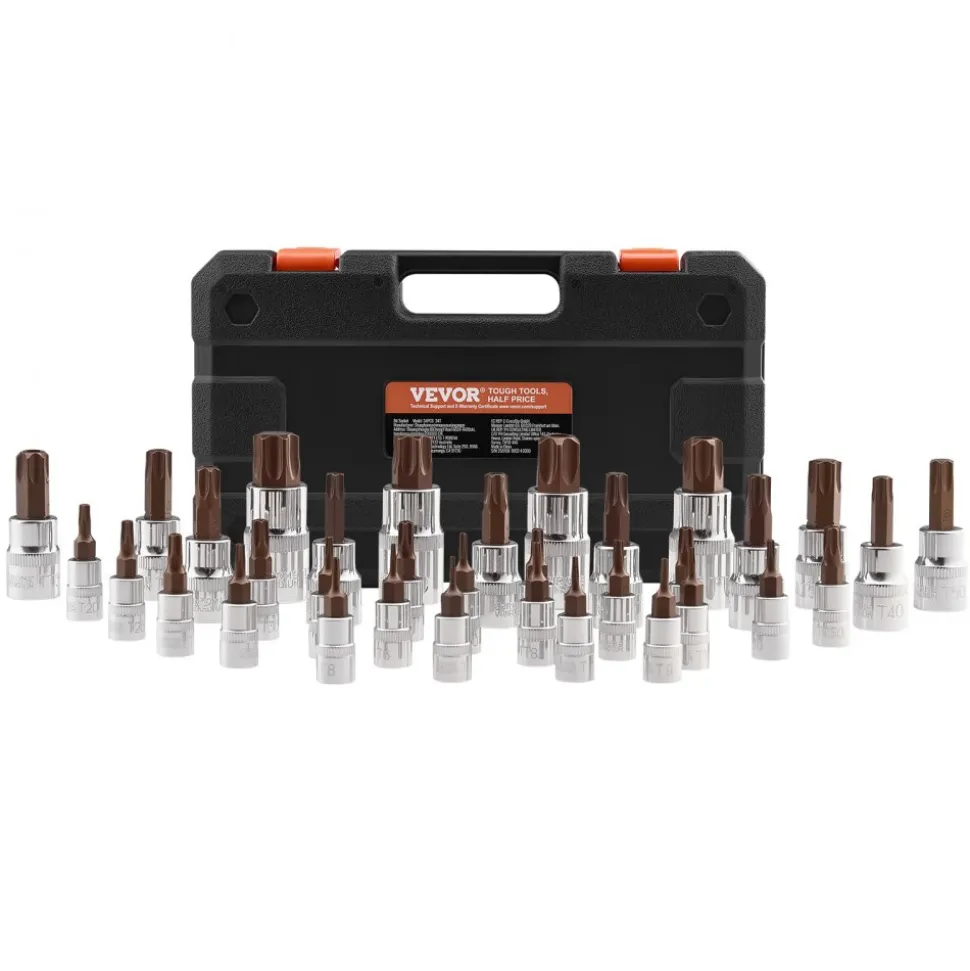 VEVOR Torx Bit Socket Set, 34-Piece Solid Star and Tamper Proof T6-T70, S2 Alloy Steel and Cr-V Steel, 1/4 in, 3/8 in, and 1/2 in Drives, with Enhanced Storage Case, Torx Sockets for Hand Use