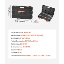 VEVOR Torx Bit Socket Set, 34-Piece Solid Star and Tamper Proof T6-T70, S2 Alloy Steel and Cr-V Steel, 1/4 in, 3/8 in, and 1/2 in Drives, with Enhanced Storage Case, Torx Sockets for Hand Use