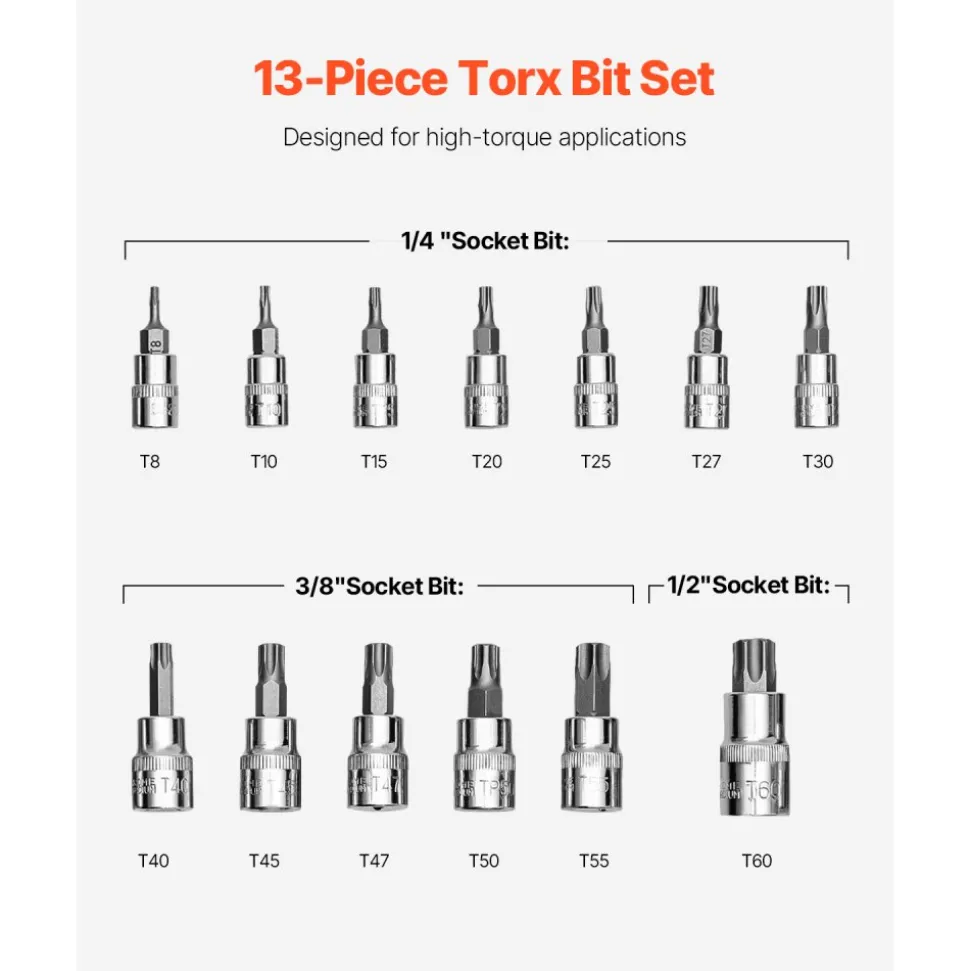 VEVOR Torx Bit Socket Set, 13-Piece Star T8 - T60 Set, S2 Alloy Steel and Cr-V Steel, 1/4 in, 3/8 in, and 1/2 in Drives, with Enhanced Storage Case, Torx Sockets for Hand Use, Mechanics, Auto Repair