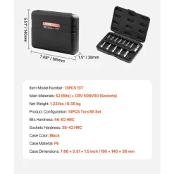 VEVOR Torx Bit Socket Set, 13-Piece Star T8 - T60 Set, S2 Alloy Steel and Cr-V Steel, 1/4 in, 3/8 in, and 1/2 in Drives, with Enhanced Storage Case, Torx Sockets for Hand Use, Mechanics, Auto Repair