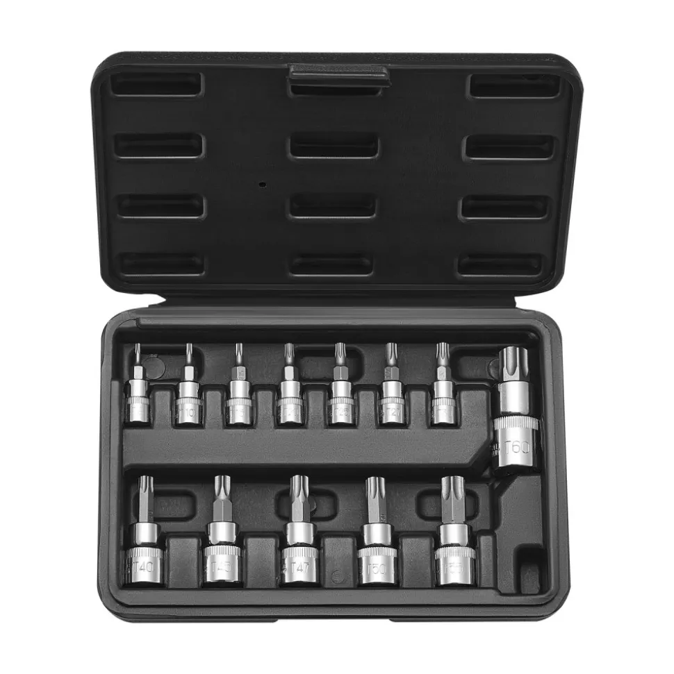 VEVOR Torx Bit Socket Set, 13-Piece Star T8 - T60 Set, S2 Alloy Steel and Cr-V Steel, 1/4 in, 3/8 in, and 1/2 in Drives, with Enhanced Storage Case, Torx Sockets for Hand Use, Mechanics, Auto Repair