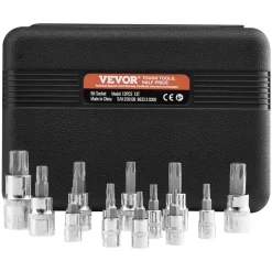 VEVOR Torx Bit Socket Set, 13-Piece Star T8 - T60 Set, S2 Alloy Steel and Cr-V Steel, 1/4 in, 3/8 in, and 1/2 in Drives, with Enhanced Storage Case, Torx Sockets for Hand Use, Mechanics, Auto Repair