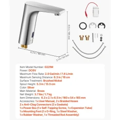 VEVOR Touchless Bathroom Sink Faucet, Automatic Motion Sensor Restroom Toilet Faucet, HandsFree Adjustable Cold Hot Single Handle Water Mixer Battery Operated for 9/16 in Pipe,Brushed Nickel Silver