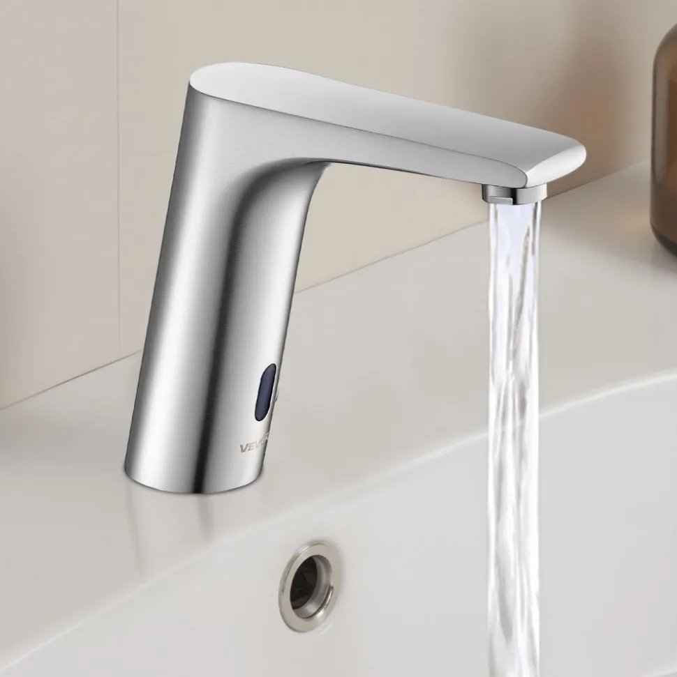 VEVOR Touchless Bathroom Sink Faucet, Automatic Motion Sensor Restroom Toilet Faucet, HandsFree Adjustable Cold Hot Single Handle Water Mixer Battery Operated for 9/16 in Pipe,Brushed Nickel Silver
