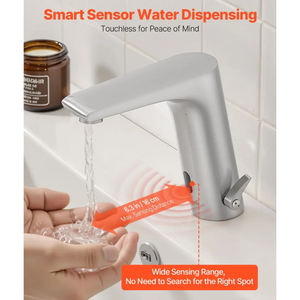 VEVOR Touchless Bathroom Sink Faucet, Automatic Motion Sensor Restroom Toilet Faucet, HandsFree Adjustable Cold Hot Single Handle Water Mixer Battery Operated for 9/16 in Pipe,Brushed Nickel Silver