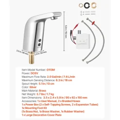 VEVOR Touchless Bathroom Sink Faucet, Automatic Motion Sensor Restroom Toilet Faucet Cold Water with Single Hole, Battery Operated for 9/16 in Pipe Commercial Lavatory,Chrome Plated Silver
