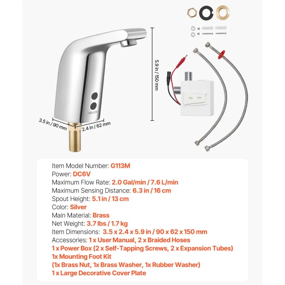 VEVOR Touchless Bathroom Sink Faucet, Automatic Motion Sensor Restroom Toilet Faucet with Hole Cover Plate, Battery Operated,Adjustable Temp for 9/16 in Pipe Commercial Lavatory,Brushed Nickel Silver