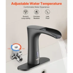 VEVOR Touchless Bathroom Sink Faucet, Automatic Motion Sensor Waterfall Restroom Toilet Faucet with Hole Cover Plate, Modern Electronic Sensor Hot/Cold Water for 9/16 in Pipe Commercial,Matte Black