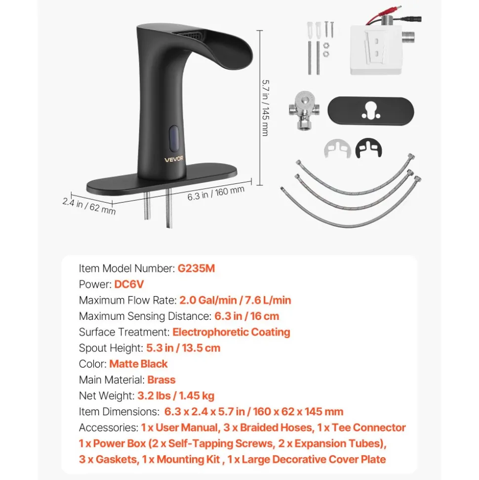 VEVOR Touchless Bathroom Sink Faucet, Automatic Motion Sensor Waterfall Restroom Toilet Faucet with Hole Cover Plate, Modern Electronic Sensor Hot/Cold Water for 9/16 in Pipe Commercial,Matte Black