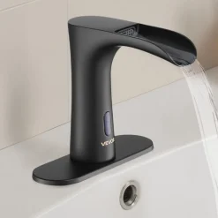 VEVOR Touchless Bathroom Sink Faucet, Automatic Motion Sensor Waterfall Restroom Toilet Faucet with Hole Cover Plate, Modern Electronic Sensor Hot/Cold Water for 9/16 in Pipe Commercial,Matte Black