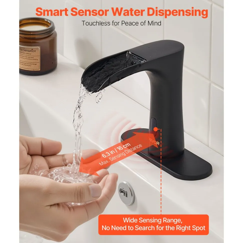 VEVOR Touchless Bathroom Sink Faucet, Automatic Motion Sensor Waterfall Restroom Toilet Faucet with Hole Cover Plate, Modern Electronic Sensor Hot/Cold Water for 9/16 in Pipe Commercial,Matte Black