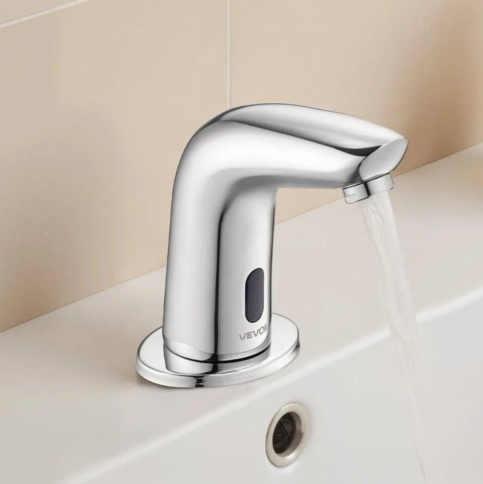 VEVOR Touchless Bathroom Sink Faucet, Automatic Motion Sensor Restroom Toilet Faucet Cold Water with Hole Cover Plate, Battery Operated for 9/16 in Pipe Commercial Lavatory,Chrome Plated Silver G112M
