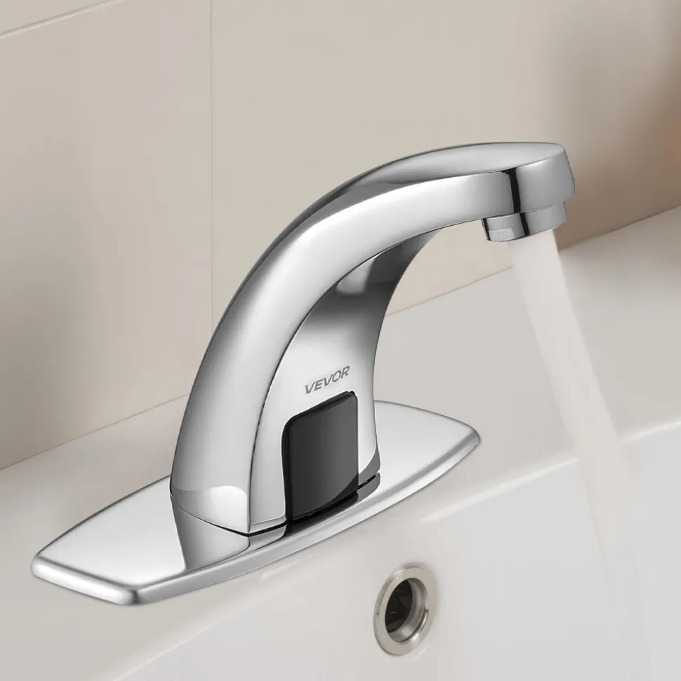 VEVOR Touchless Bathroom Sink Faucet, Automatic Motion Sensor Restroom Toilet Faucet with Hole Cover Plate, Battery Operated,Adjustable Temperature for 9/16 in Pipe Commercial Lavatory,Matte Black
