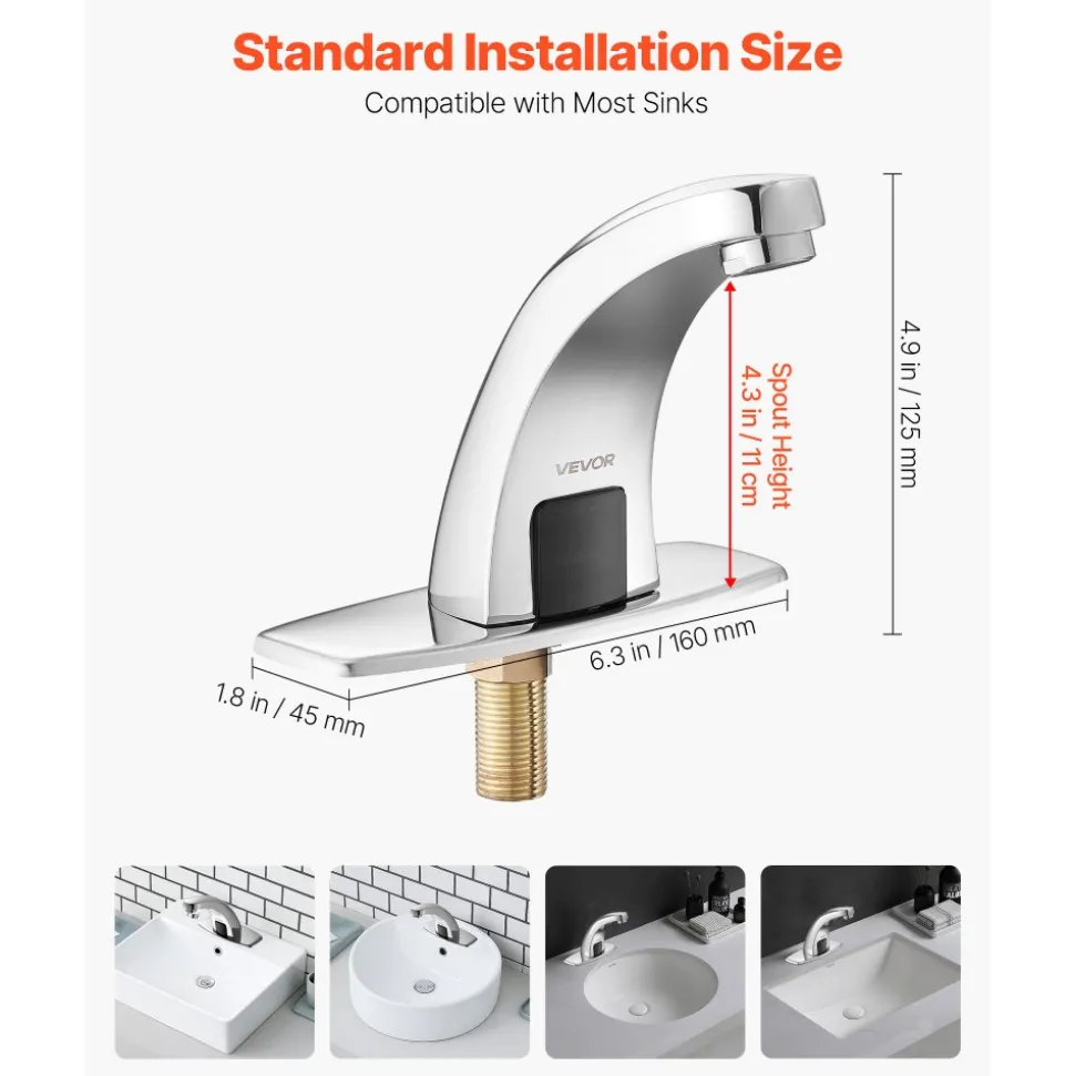 VEVOR Touchless Bathroom Sink Faucet, Automatic Motion Sensor Restroom Toilet Faucet with Hole Cover Plate, Battery Operated,Adjustable Temperature for 9/16 in Pipe Commercial Lavatory,Matte Black