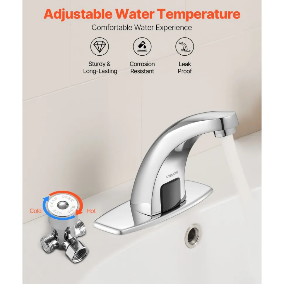 VEVOR Touchless Bathroom Sink Faucet, Automatic Motion Sensor Restroom Toilet Faucet with Hole Cover Plate, Battery Operated,Adjustable Temperature for 9/16 in Pipe Commercial Lavatory,Matte Black