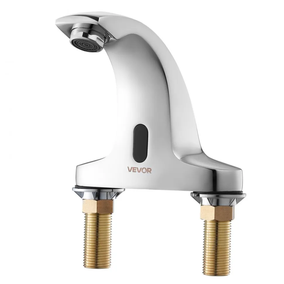 VEVOR Touchless Bathroom Sink Faucet, Automatic Motion Sensor Restroom Toilet Faucet with Hole Cover Plate, Battery Operated,Adjustable Temp for 9/16 in Pipe Commercial Lavatory,Chrome Plated Silver