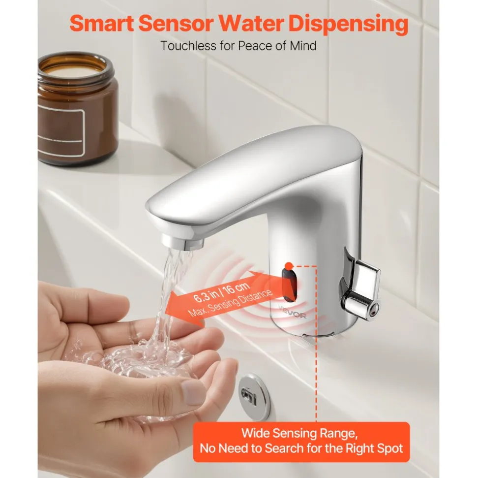 VEVOR Touchless Bathroom Sink Faucet, Automatic Motion Sensor Restroom Toilet Faucet, HandsFree Adjustable Cold Hot Single Handle Water Mixer Battery Operated for 9/16 in Pipe,Chrome Plated Silver