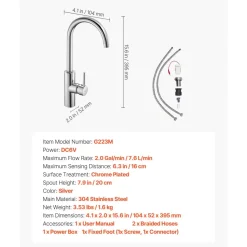 VEVOR Touchless Kitchen Bar Sink Faucet, Single Handle Automatic Motion Sensor Bathroom Faucet, Hands-Free Adjustable Cold Hot Water Mixer Flexible Swivel for 9/16 in Pipe,Chrome Plated Silver