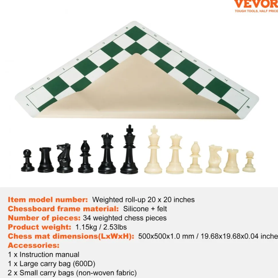 VEVOR Tournament Chess Set, 20 Inch Roll-Up Beginner Chess Board, Foldable Silicone Chess Game with Plastic Weighted Chess Pieces & Storage Bag, Portable Travel Chess Board Gift for Adult Kid Family