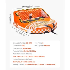 VEVOR Towable Tube for Boating, 1-4 Riders Inflatable Boat Tubes and Towables, 680lbs Water Sport Towable Tube for Boat to Pull - with Full Nylon Cover, 22 Grab Handles, Dual Tow Points & Safety Valve