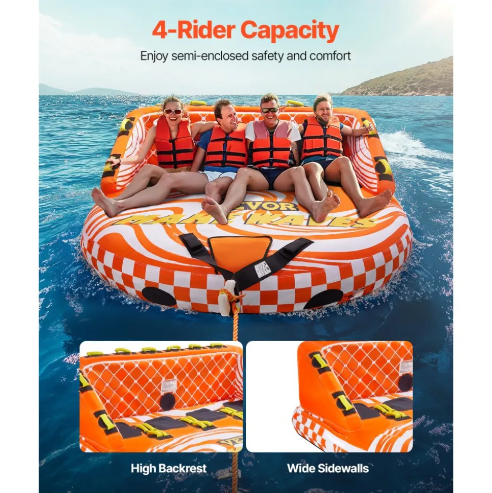 VEVOR Towable Tube for Boating, 1-4 Riders Inflatable Boat Tubes and Towables, 680lbs Water Sport Towable Tube for Boat to Pull - with Full Nylon Cover, 22 Grab Handles, Dual Tow Points & Safety Valve