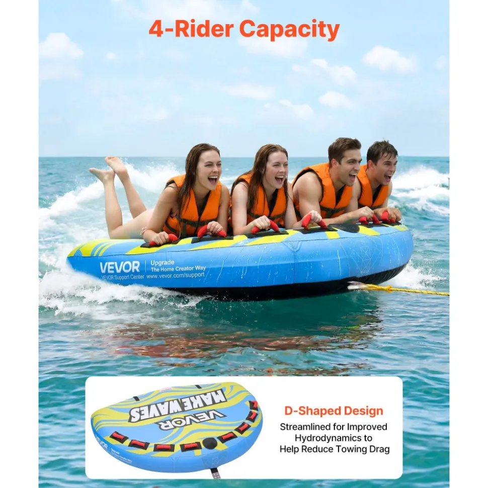 VEVOR Towable Tube for Boating, 4 Riders Inflatable Boat Tubes and Towables, 680 lbs Capacity Water Sport Towable Tube for Boat to Pull - with Fins, Full Nylon Cover, Padded Handles & Safety Valve